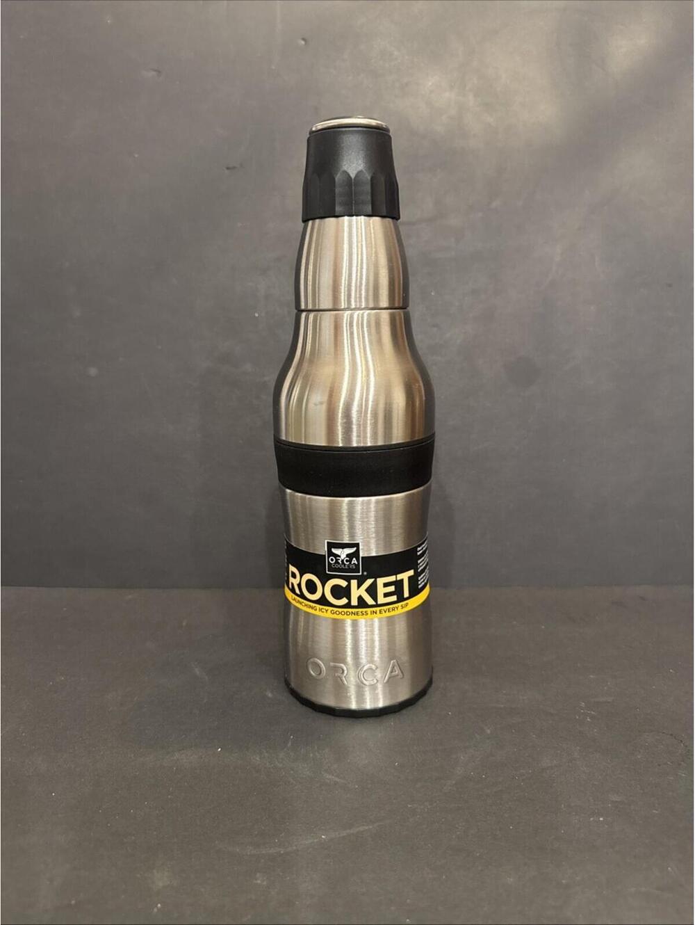 ORCA Rocket Insulated Bottle/Can Cooler Silver Stainless Steel 12 Oz Can Holder